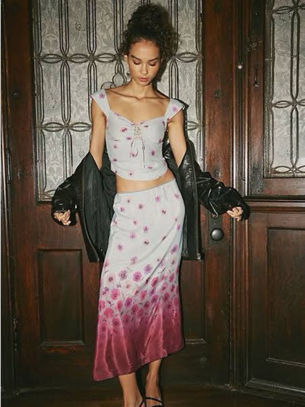 Free People Pink Ombre Floral Midi Skirt